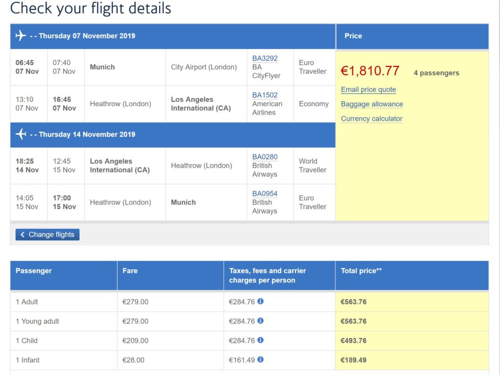 Gesamtkosten transkontinentaler Flug - British Airways