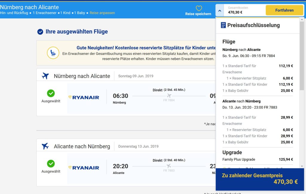 Ryanair: Baby €25 pro Strecke, Kind 100% vom Erwachsenen-Flugpreis