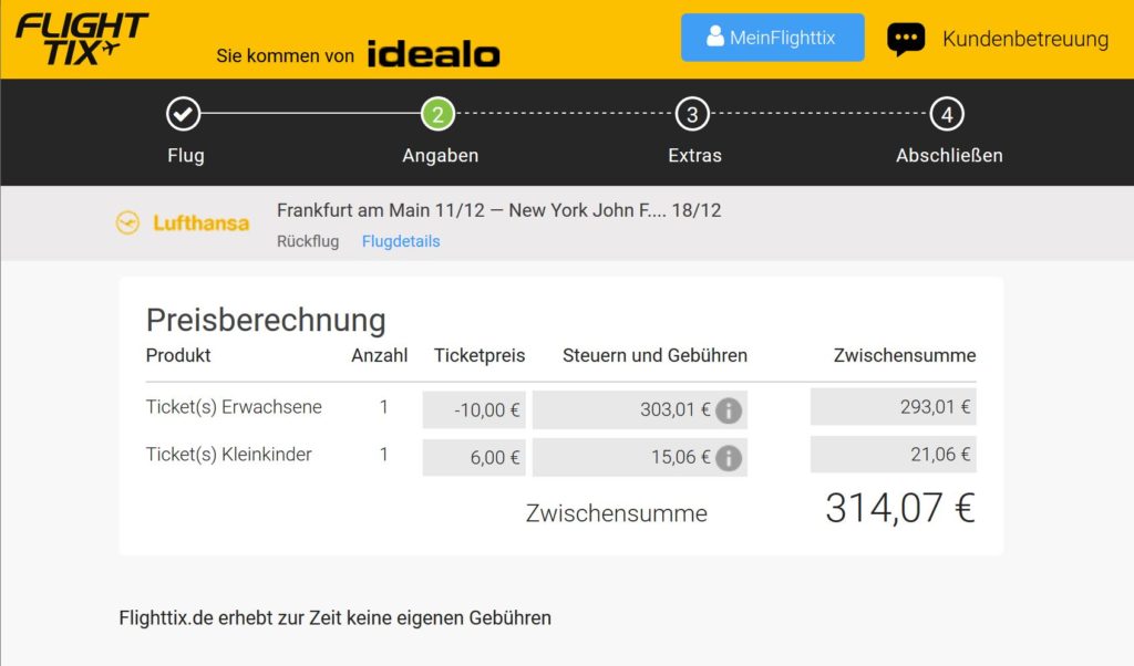 Buchung bei FlightTix
