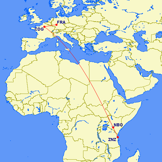 Flugroute: Frankfurt - Paris - Nairobi - Sansibar 7531 km