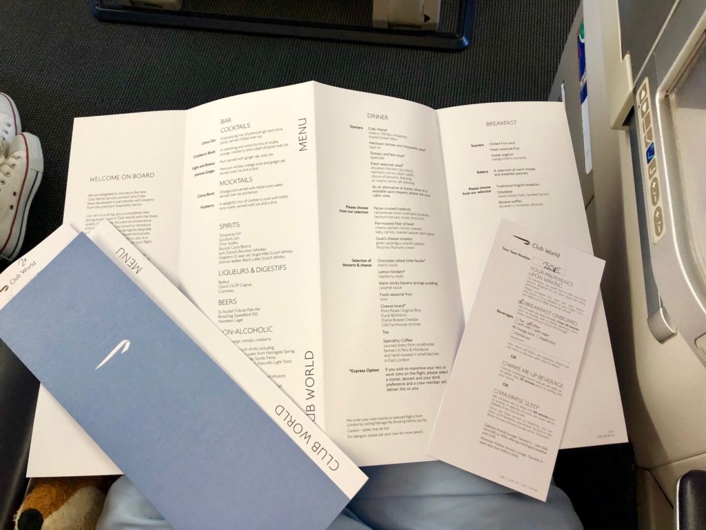 British Airways Club World Business Class Menu