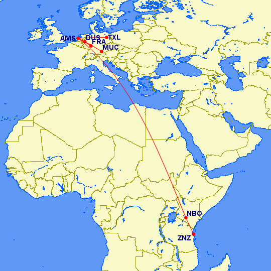 Flugroute: Frankfurt - Amsterdam - Nairobi - Sansibar 7900 km