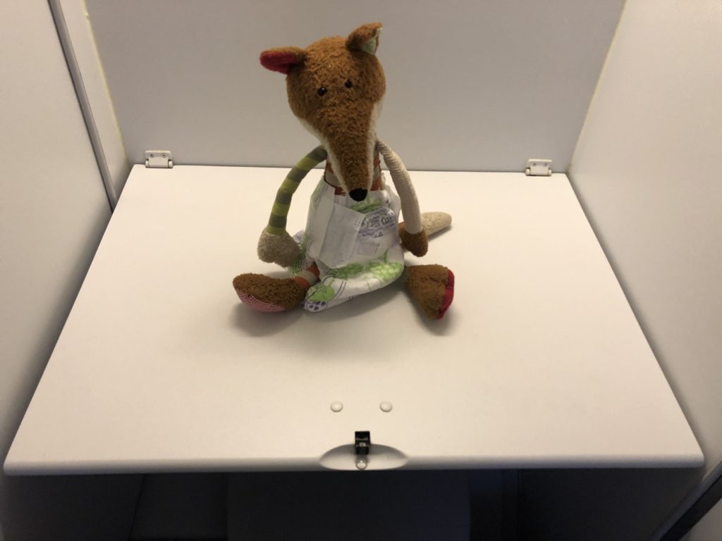 Sigi beim Windeln wechseln in der kleinsten Flugzeug Toilette im Lufthansa Airbus A380