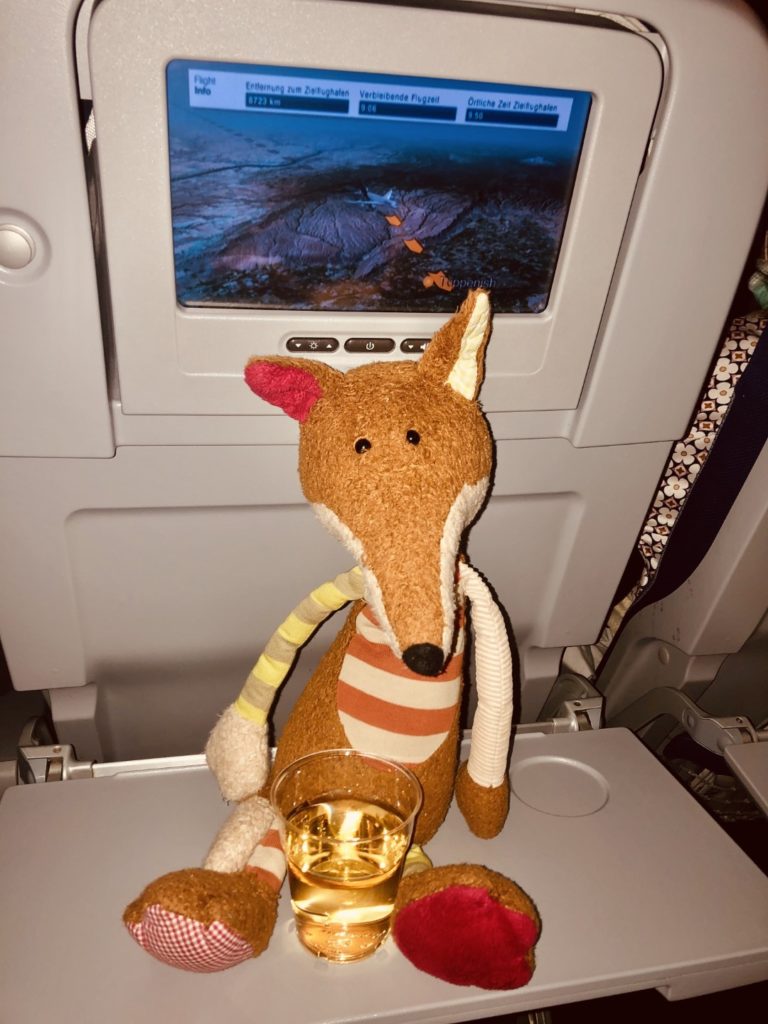 Wein, Bier und Absacker als Getränk nach dem Abendessen in der Lufthansa Airbus A380 Economy Class